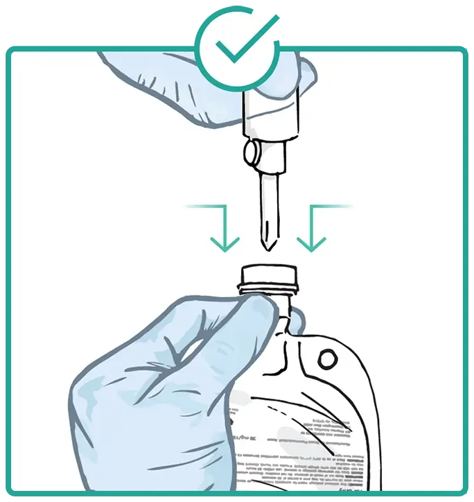 Illustration showing steps in preparing the RADICAVA® (edaravone) IV infusion bag. Step 1
